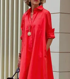Women Solid Shirt Dress Summer Fashion Casual Turn-down Collar Pocket Long Sleeve Midi Dresses Female Sexy Dot Dresses Vestidos