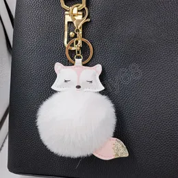 Fluffy Rabbit Fur Ball Fox Fox Keychain Pompom Key Chain PU Leather Animal Fox Keyring Bag's Bag's Borse Charming Trinket Chaveiros