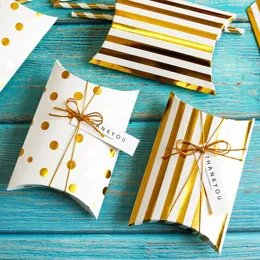 Gift Wrap 20pcs Gold Stamping Striped Dots Thank You Merci Pillow Shape Paper Box Wedding Birthday Party Favor Gift Box Wrapping Packaging 230316