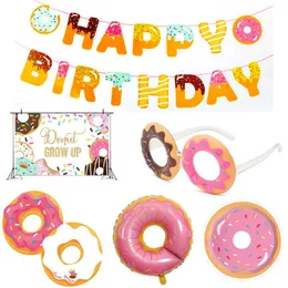 Party Decoration Donut Theme Happy Birthday Background Layout For Children Series Balloon Banner