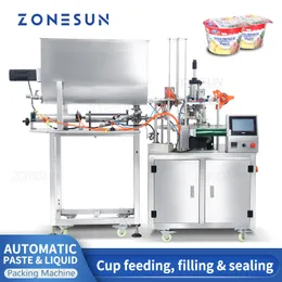 ZONESUN ZS-FS600 Automatic Filling Sealing Machine Cup Ice Cream Yogurt CartonTub Peanut Butter Dip Sauce Turntable Line