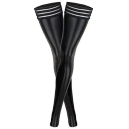 Socks Hosiery Sexy Women PU Leather Stockings Over Knee Socks Long Boot Thigh-High Stockings Lace Stripe Thigh Leather Stockings Plus Size F15 230316
