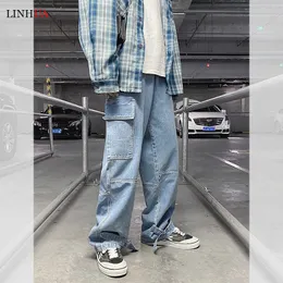 LINHUA Mens Wide Leg Cargo Jeans, 2022 Spring Hip Hop LINHUA Mens Wide Leg Cargo Jeans, 2022 Spring Hip Hop