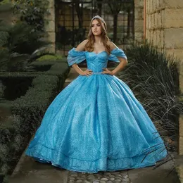 Himmelblau, schulterfrei, Quinceanera-Kleider 2024, Ballkleid, glänzende Pailletten, formelles Partykleid, süßes 15-Kleid, elegantes Abendkleid