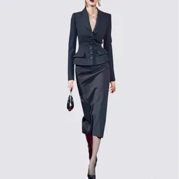Two Piece Dress Runway Designer Notched Collar Blazer Coat Bodycon Midi Skirts Women Fashion 2 Pcs Sets Women Office Work Dress Sets 230316