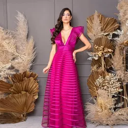 A-line fucsia elegante abito da sera Arabia Saudita scollo a V macchia backless lungo abiti da festa di promenade Robe de Soiree 2023 nuovo