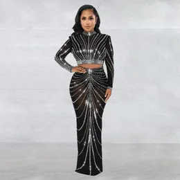 Sukienki robocze 2023 Siatka z długim rękawem Maxi BodyCon Elegancka impreza Blaskly Rhinestone na urodzinową sukienkę Sexy Club Dwuczęściowe zestawy kobiet