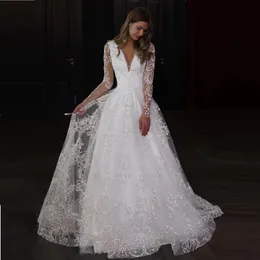 겸손한 레이스 A- 라인 웨딩 드레스 환상 긴 소매 빈티지 아플리케 바닥 길이 신부 가운 로브 드 마리에 디자이너 결혼 드레스
