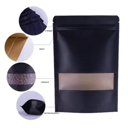 Sacchetti richiudibili in carta kraft nera di molte dimensioni Cerniera a prova di odore Stand Up Pouch Bag con tacca per finestra opaca per biscotti al tè caramelle