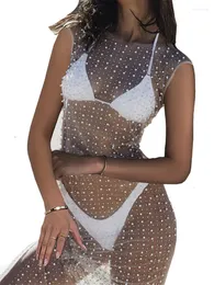 Kvinnors badkläder Tossy White Pearl Cover Ups for Women Beach Dress Summer Holiday Outfits Sheer Mesh Bathing Suit Coverups 2023