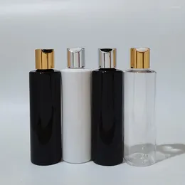 Aufbewahrungsflaschen 200 ml leerer Kunststoff-Lotionsbehälter mit gold-silberner Aluminium-Scheibenkappe, PET-Flasche für Hautpflege, Reiseverpackung, Dusche