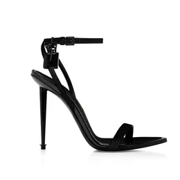 Sandálias de estilete embelezadas com cadeado Couro metálico Tira no tornozelo Sandálias de banda estreita Saltos Sapatos de noite Sapatos femininos de salto alto Sandálias de designers de luxo 35-42