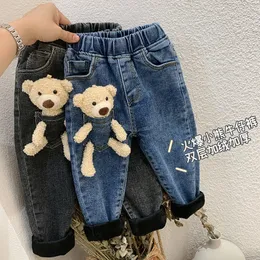 Jeans 2-6 Years Winter Girls Boys Cute Cartoon Bear Jeans Pant Baby Kids Children Thick Warm Fleece Denim Trousers 230317
