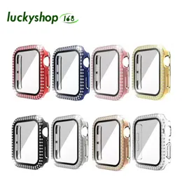 Diamond Double Row Screen Protetor de relógio Capa completa Vidro temperado Bling protetor PC para PC para Apple Watch 7 6 5 4 3 2 41mm 45mm 44mm 42mm 40mm 38mm