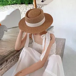 Wide Brim Hats &Dolphin French Style Women Summer Sun Beach Flat Straw Hat Khkai Vacation Panama Woven Small Top White Ribbon