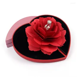 Jewelry Pouches 3D Heart Shape Rose Flower Ring Box Proposal Wedding Display Holder Specially Designed For Couples Storage Case