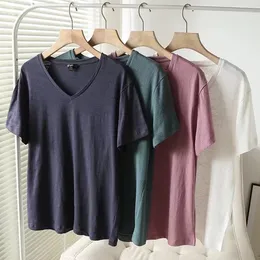 Koszulka damska Maxdutti niezależna lud prosta bawełniana lniana moda moda w dekolcie Summer Tshirt Kobiety Krótkie rękawowe topy 230317