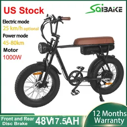 Американский стоковая электроэнергетика 48 В аккумулятор 20*4,0 дюйма жирного велосипеда 1000 Вт двигатель Shimano 7 Speed ​​Electric Bicycle Mountain Ebike для взрослых