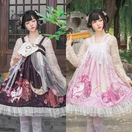Sukienki swobodne chiński styl han słodka lolita sukienka vintage urocza druk wysoki talia wiktoriańska koronkowa top kawaii girl set