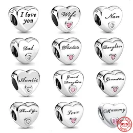 925 Silver Fit Pandora Original Charms Diy Pendant Women Armband Beads Family Heart Letter fru Mormor pappa