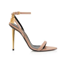 Senaste hänglåset Empelled Stiletto Sand 105mm Metallic Leather Ankle-strap smala band klackar Evening Pointed Shoes Top Quality Womens Heeled Designers Shoe