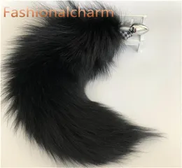Black Genuine Real Fox Fur Tail Plug Metal Stainless Butt Toy Plug Insert Anal Sexy Stopper6276208