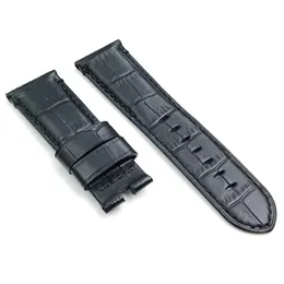 24mm - 22mm Black Crocodile Grain Calf Leather Band Folding Deployment Clasp Strap For PAM PAM111 Wirst Watch