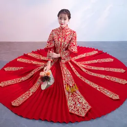 Etniska kläder lyxiga forntida kungliga röda broderier kinesiska brud bröllopsklänning qipao traditionella kvinnor orientaliska qi pao