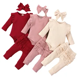 Kläder sätter 3st Baby Girl Outfit Set Born Toddler Kids Clothing Set Baby Girls spetsar Ruffles Cotton Bodysuit Pantsheadband Clothing 230317
