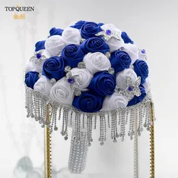Свадебные цветы Topqueen Crystal Bridal Bouquet Ручной ручной работы Королевская голубая белая лента Розовая мариога