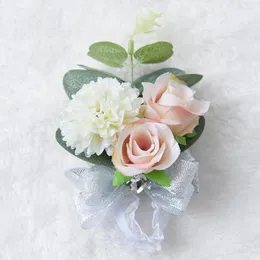 Dekorativa blommor brudtärna armband bröllop corsage polyester band rospärla båge brud gåvor handled