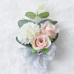 Decorative Flowers Bridesmaid Bracelet Wedding Corsage Polyester Ribbon Rose Pearl Bow Bridel Gifts Wrist