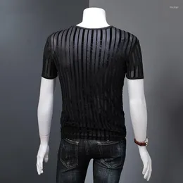 Мужские рубашки бренд черный наполовину прозрачный полый футболка с коротки