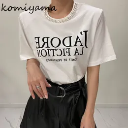 여성 Tshirt Komiyama 패치 워크 진주 Y2K 의류 한국 세련된 편지 인쇄 상단 여성 쇼트 슬리브 티셔츠 여름 어깨 패드 티 230317