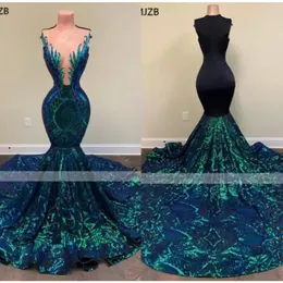 Sparkly Green Sequin Long Mermaid Prom Dresses Sleeveless African Black Girls Mermaid Formal Evening Gala Gowns Custom B050701