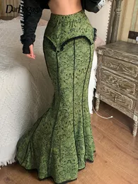 Skirts Darlingaga Vintage Fashion Elegant Green Trumpet Long Graphic Printed Lace Trim Y2K High Waist Women 2000s Aesthetic 230317