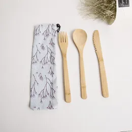 Dinnerware Sets Japanese Style Bamboo Tableware Set Portable Knife Spoon Fork Cutlery With Drawstring Cloth Bag LX8166