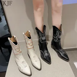 Boots 2023 Brand Women Shoes Embroidered Western Cowboy For Med Heels Pointy Toe High Quality Knee