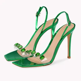 Лента ленты Gianvito Rossi Green Green Sandal 10.5cmwomen Роскошные Cleo Crystal High Heels Transparent PVC Стилетто Сандаловая лодыжка