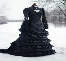 Vintage Victorian Wedding Dress Black Bustle Historical Medieval Gothic Bridal Gowns High Neck Long Sleeves Corset Winter Cosplay 8478214