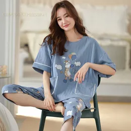 Womens Sleepwear Summer Knitted Cotton Clouds Printing Two Piece Short Sleeved Women Pajamas Sets Pyjamas Ladies Cute Cartoon Pijamas 230317