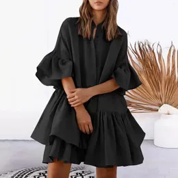 Casual Dresses Women Tie Front Elastic Midje Tiered Ruffle Layer Floral Balloon Vintage Elegant Long Sleeve V Neck Dress Female