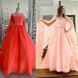 Orange Girl Pageant Dress 2023 with Cape Little Ballgown Beading Chiffon Little Kid Birthday Formal Party Gowns Infant Toddler Teens Tiny Young Junior Miss Pink