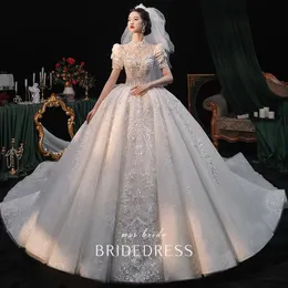 Arabska sukienka śrdowa na brystkę suknia ślubna Suknie ślubne Sheer Jewel Neck Długi pociąg koronkowy aplikacje 3D kwiaty Crysral Kościa Plus Train Train Tiulle Bridal Wed Suknie