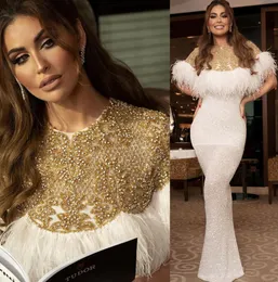 2023 Arabiska aso ebi vita mermid prom klänningar pärlor kristaller fjäder kväll formell parti andra mottagning födelsedag engagemang klänningar klänning zj1103