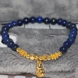 Strand Fashion Blue Lapis Lazuli Semi-precious Stone Bracelets For Women 6mm Round Beads Gold-color Spacer Jewelry 7.5inch B1929