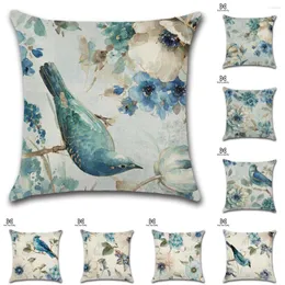 Kudde vintage linne handmålade vattenblue fåglar blommor kudde retro tryck soffa soffa kast kuddar cojines dekorativos para