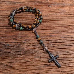 Collane con ciondolo Occhio di tigre giallo naturale Perle di turchese africano Collana con croce cristiana cattolica Mala Rosario per uomo e donna J