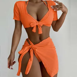 Бикини набор Vigocasey Orange 4pcs/Set Sweewear Женщины Сексуальные с высокой талией набор бикини для шейки 2022 Костюм для купальника для купальника.