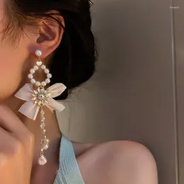 Dangle Earrings VSnow Exaggerated Asymmetry Crystal Rhinestone Bowknot Earring For Women Faux Pearl Beaded Long Tassel Jewelry